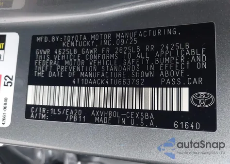 2026 Toyota Camry Se из США, поврежденный, VIN 4T1DAACK4TU663792